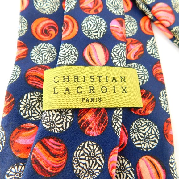 CHRISTIAN LACROIX Italian Silk Ocean Blue Orange Marble Spheres Neck Tie - Picture 7 of 7